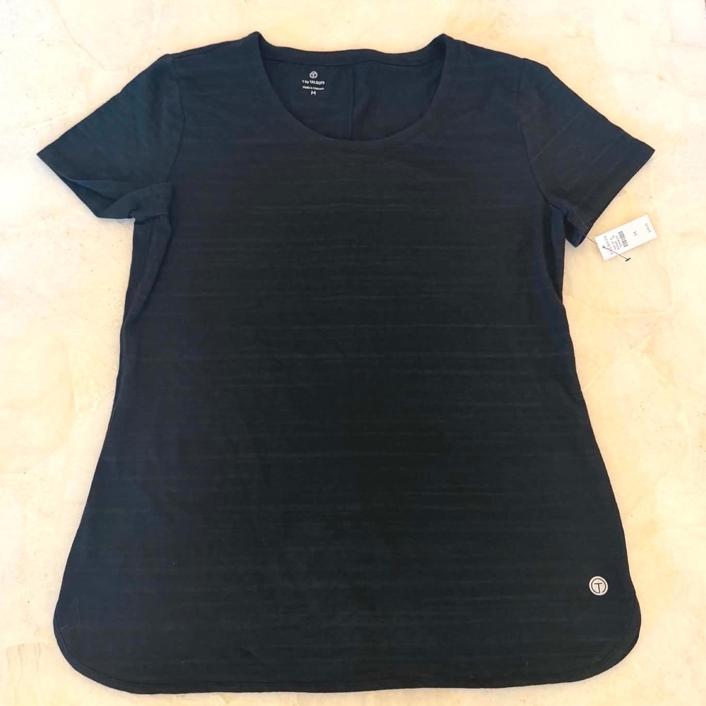T by Talbots Womens Black Short Sleeve Active Tee Crew Neck Curved Hem Size M